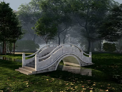 White Stone Arch Bridge Over Serene Water With Green Grass And Trees 3d model