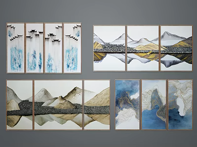 Modern Landscape Paintings Multi Panel Blue Gold Gray Tones Mountains Water Ripples Flying Birds 3d model