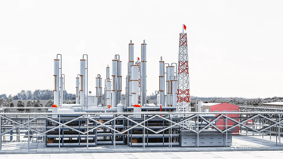 Industrial Plant With Tall Silver Towers Red Metal Structure And Industrial Platforms 3d model 