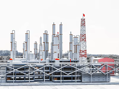 Industrial Plant With Tall Silver Towers Red Metal Structure And Industrial Platforms 3d model