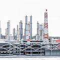 Industrial Plant With Tall Silver Towers Red Metal Structure And Industrial Platforms