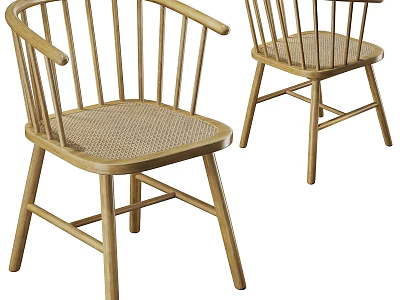 Simple Natural Wooden Single Chair With Rattan Seat And Armrest Design 3d model