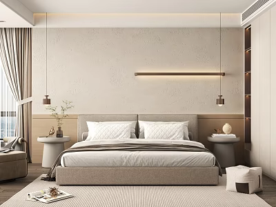 Modern Bedroom Interior Design With Comfortable Bed Nightstands Pendant Lights And Area Rug 3d model