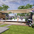 Serene Courtyard Garden With Wooden Pergola Purple Vines White Sofas And Lawn Pathways