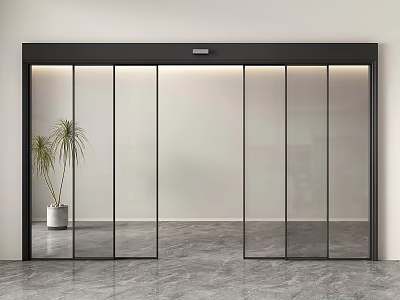 Modern Glass Sliding Door With Black Frame Potted Plant And Marble Floor Interior 3d model