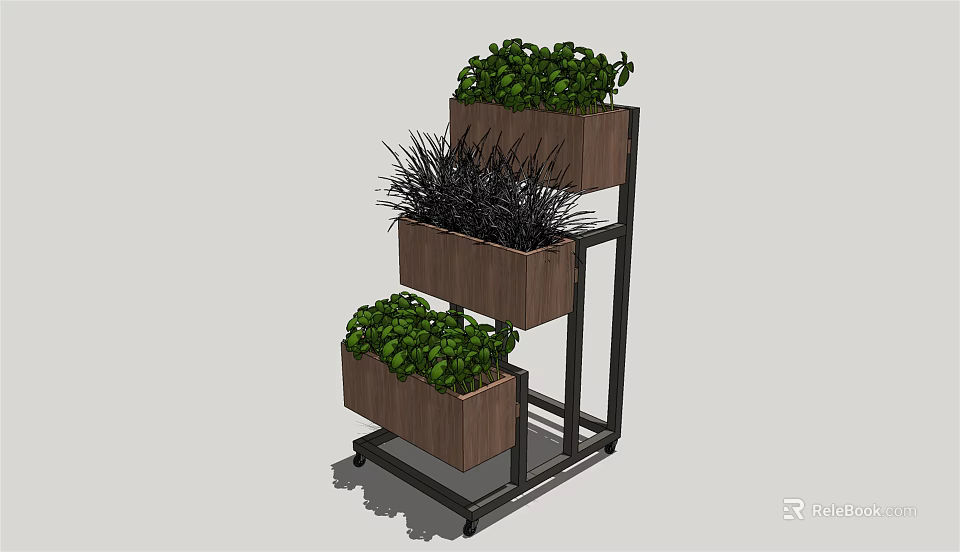 Multi Tiered Flower Planters In Metal Frame With Wooden Containers And Green Plants 3d model 