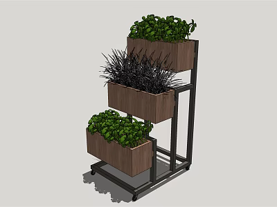 Multi Tiered Flower Planters In Metal Frame With Wooden Containers And Green Plants 3d model