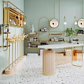 Elegant Modern Boutique Store With Golden Shelves Round Mirrors Marble Counter And Green Plants