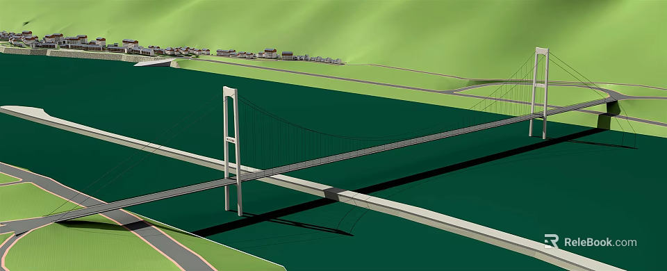 Suspension Bridge With Tall Tower And Cables Over Green Water Landscape Near Village 3d model 