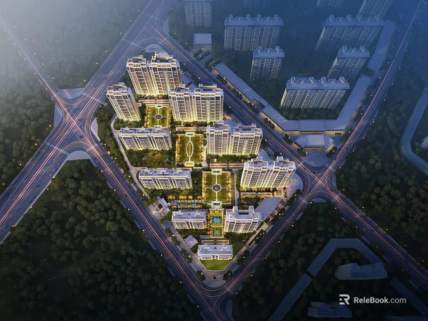 Aerial Planning of Modern Residential Community with Central Green Spaces and Surrounding Road Network 3d model 