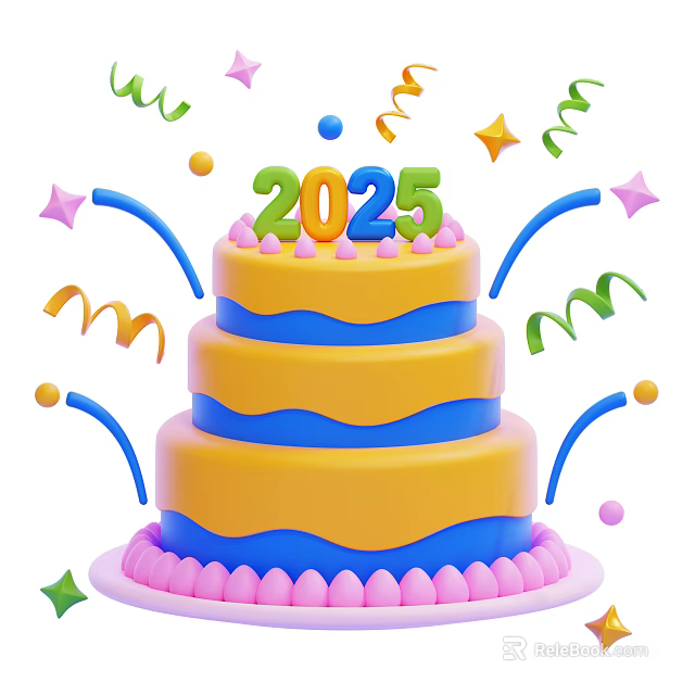 Three Layered Cake With Yellow And Blue Cream Topped With 2025 And Colorful Streamers Stars 3d model 