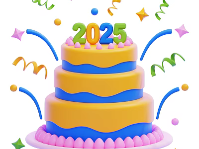 Three Layered Cake With Yellow And Blue Cream Topped With 2025 And Colorful Streamers Stars 3d model