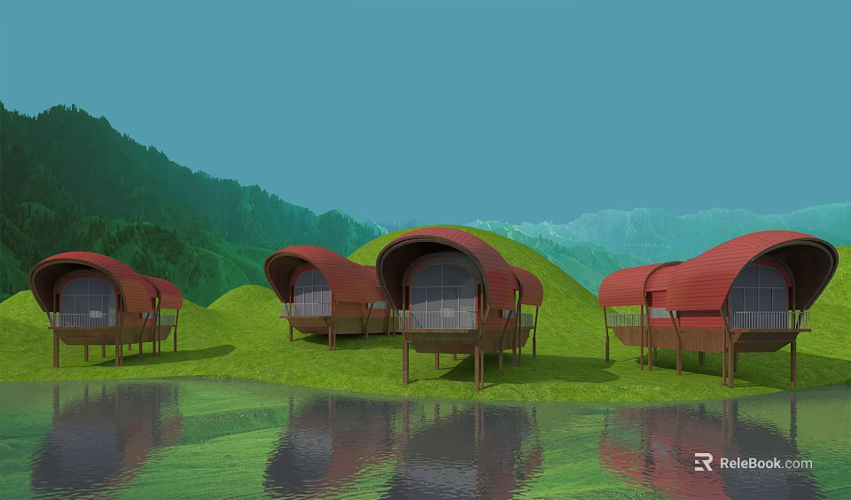 Scenic Waterfront Huts With Red Roofs Green Hills Lush Grass And Calm Water 3d model 
