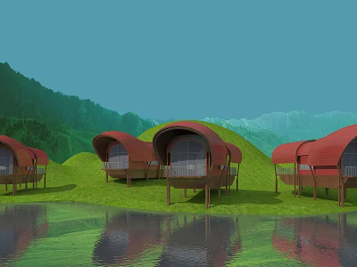 Scenic Waterfront Huts With Red Roofs Green Hills Lush Grass And Calm Water 3d model
