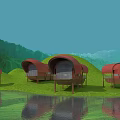 Scenic Waterfront Huts With Red Roofs Green Hills Lush Grass And Calm Water