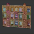 Traditional Brick Building Three Story Structure With Red Window Frames And Ornate Red Roof Cornices