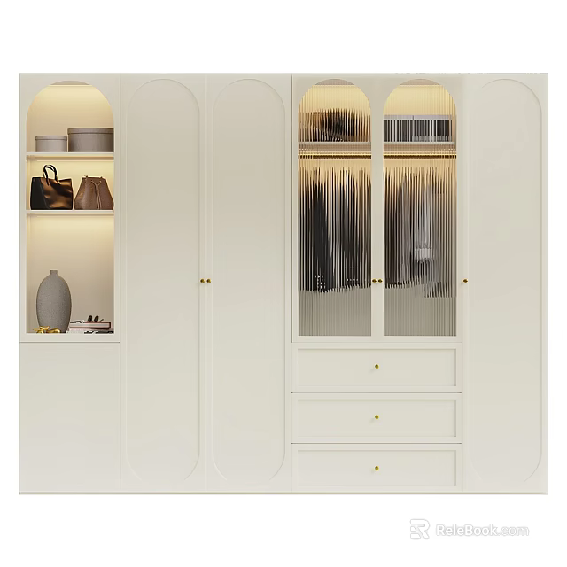White Modern Wardrobe With Glass Doors Hanging Clothes Drawers And Display Shelves 3d model 