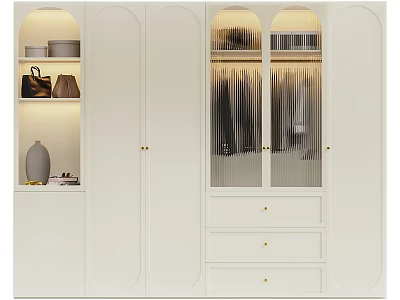 White Modern Wardrobe With Glass Doors Hanging Clothes Drawers And Display Shelves 3d model