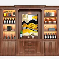 Elegant Wooden Wine Cabinet With Wine Racks Glass Holders Warm Lighting And Peacock Painting