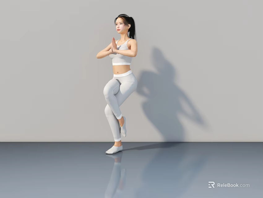 Woman Doing Yoga in White Activewear with Single Leg Pose and Hands Together 3d model 