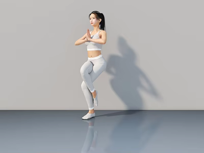 Woman Doing Yoga in White Activewear with Single Leg Pose and Hands Together 3d model