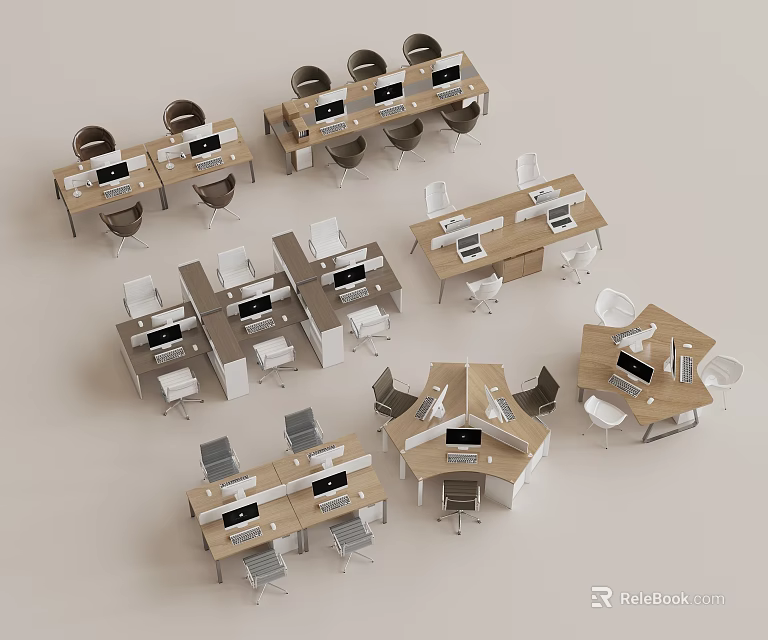 Modern Office Desks With Different Layouts Chairs Computers And Workstations 3d model