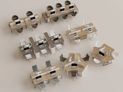 Modern Office Desks With Different Layouts Chairs Computers And Workstations 3d model