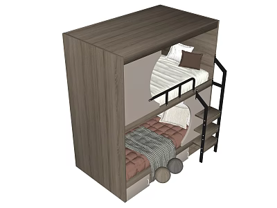 Modern Wooden Bunk Bed with Ladder Mattresses Pillow and Cozy Blanket 3d model