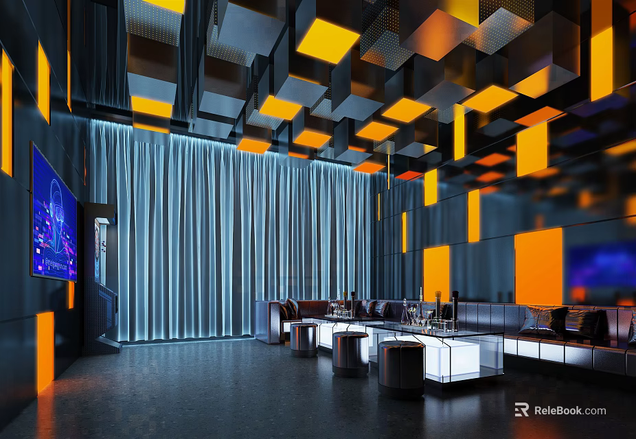 Modern KTV Interior With Colorful Square Lights And Comfortable Sofa Seating Area 3d model 