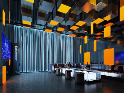 Modern KTV Interior With Colorful Square Lights And Comfortable Sofa Seating Area 3d model