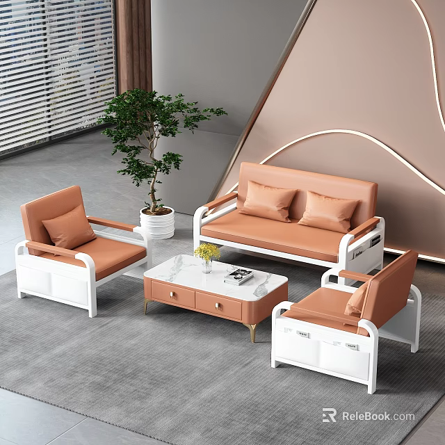 Modern Sofa And Coffee Table Set With Orange Accent Pillows White Frame Gold Legs 3d model