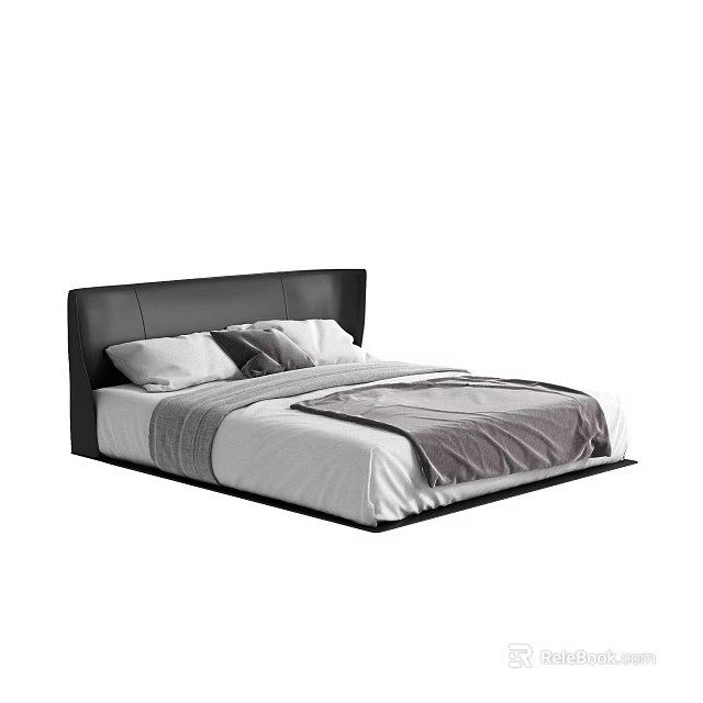 Modern Double Bed With Black Headboard White Bed Sheets Grey Blanket And Pillows 3d model