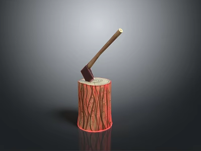 Decorative Axe Weapon With Wooden Handle And Metal Head Embedded In Stripped Red Tree Stump 3d model