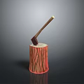 Decorative Axe Weapon With Wooden Handle And Metal Head Embedded In Stripped Red Tree Stump