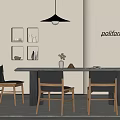 Modern Minimalist Table And Chairs Set With Leather Seats Pendant Light Wall Shelves And Vase