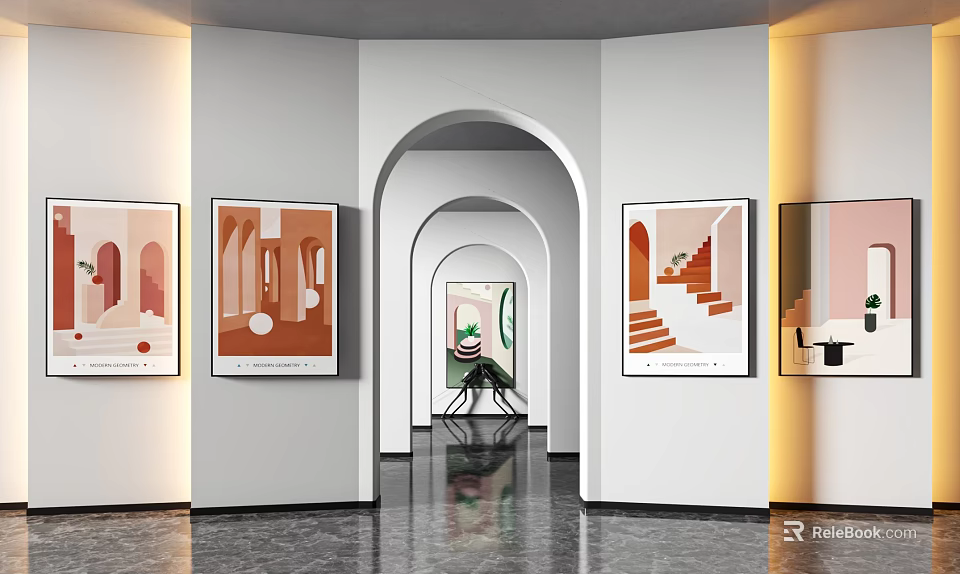 Modern Art Gallery Interior With Archways And Artworks 3d model 