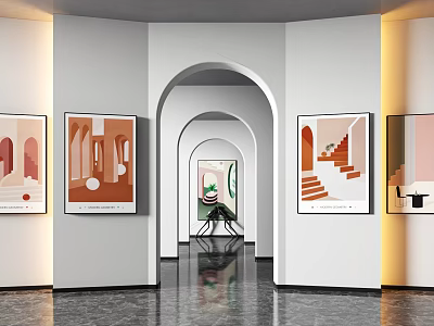 Modern Art Gallery Interior With Archways And Artworks 3d model