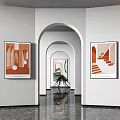 Modern Art Gallery Interior With Archways And Artworks 3d model