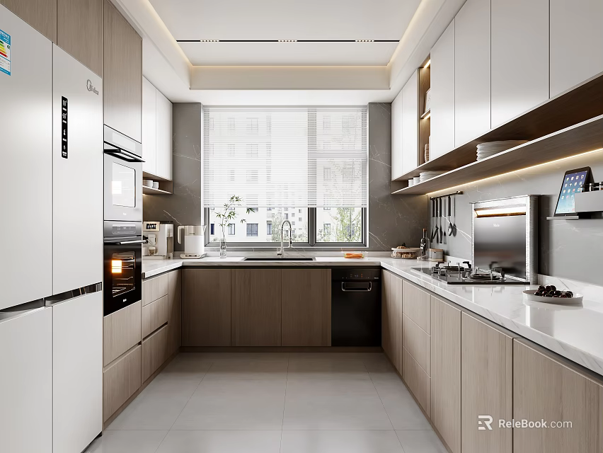 Modern Kitchen Interior With Wooden Cabinets White Refrigerator Oven Sink Window And Countertop 3d model 