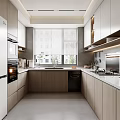 Modern Kitchen Interior With Wooden Cabinets White Refrigerator Oven Sink Window And Countertop