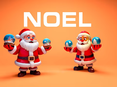 Festive Santa Claus Game Movie Characters Holding Snow Globes On Orange Noel Background 3d model