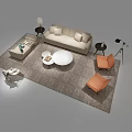 Beige Sofa and Round Coffee Table Set With Patterned Rug Orange Chairs and Floor Lamp 3d model