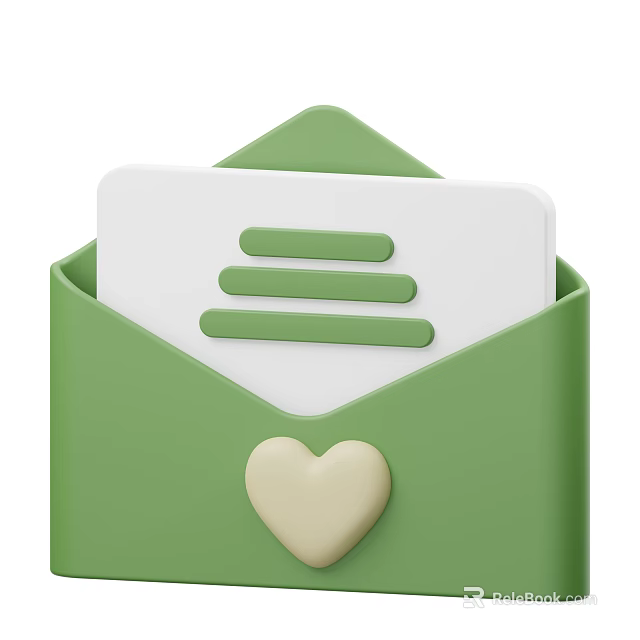 Green Envelope With White Card Three Green Lines And Cream Heart 3d model 