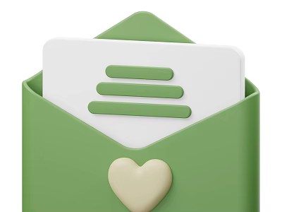 Green Envelope With White Card Three Green Lines And Cream Heart 3d model