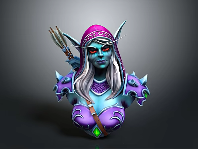 Mystical Elven Woman with Purple Hood Blue Skin Silver Hair and Shoulder Arrows 3d model