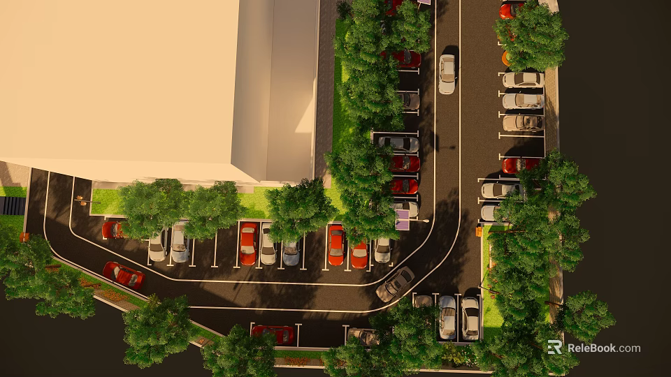 Parking Lot Aerial View With Vehicles Trees and Nearby Building 3d model 