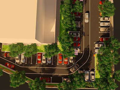 Parking Lot Aerial View With Vehicles Trees and Nearby Building 3d model