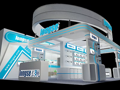 Modern Exhibition Booth Design With Curved Structure Display Cabinets And Digital Screens 3d model