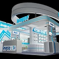 Modern Exhibition Booth Design With Curved Structure Display Cabinets And Digital Screens
