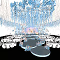 Elegant Banquet Hall With Floral Decorations Hanging Installations And White Chairs